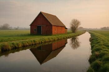 Schuur weerspiegeld in een brede sloot