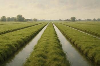 Lijnen van sloten die evenwijdig door weiland lopen
