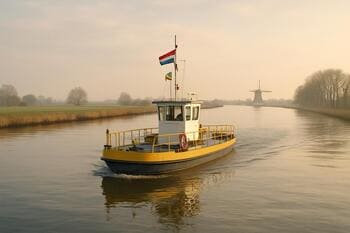 Kleine pont steekt traag een brede vaart over