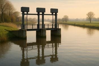 Schaduw van sluishekken op het water