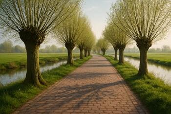 Bakstenen kade met zachte schaduwen van knotwilgen