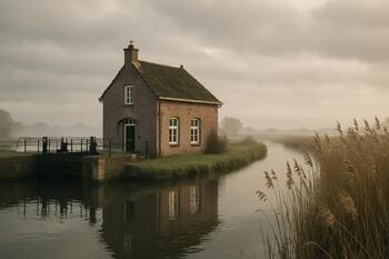 Sluiswachtershuis met lage wolken en riet