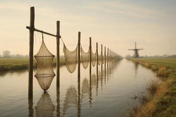 Houten palen met netten langs een vaart