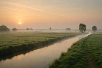Polder bij dageraad met nevel boven de sloot