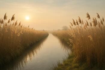 Rietkragen langs een kalme sloot in tegenlicht