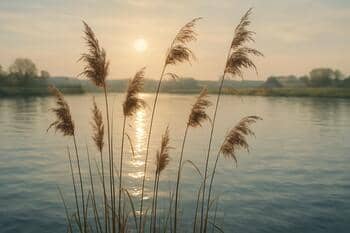 Rietstengels met glinstering van zon op water