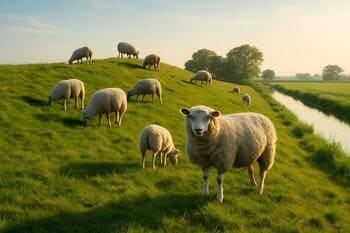 Schapen grazen op een zonnige dijkhelling