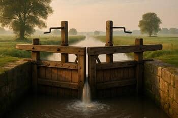 Houten sluisdeuren met zacht stromend water