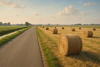 Zomerse hooibalen langs een rechte polderweg