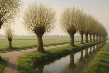 Rij knotwilgen langs een kadepad in de polder