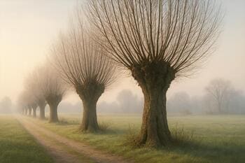 Rij knotwilgen in bleek ochtendlicht