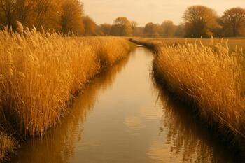 Gouden riet in de herfst langs de vaart