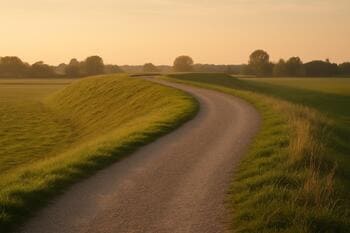 Zachte bocht op dijk met laag zonlicht