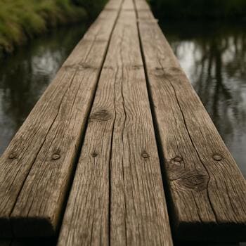 Plankbrug met zicht op water onder planken