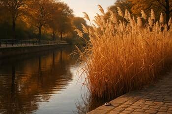 Kade met gouden riet in de herfst