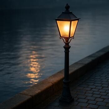 Lantaarn op overkant, zachte gloed boven kade