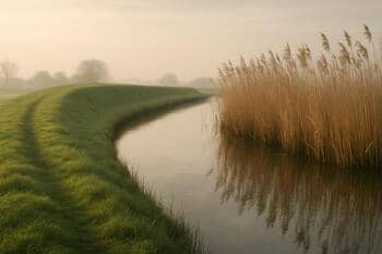 Bocht van ringdijk met riet en water