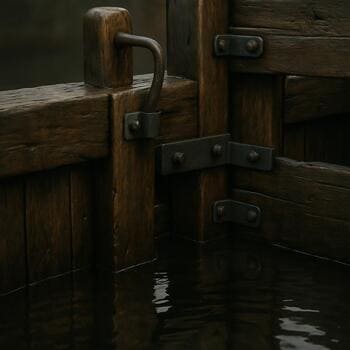 Houten sluisdetail met waterglans