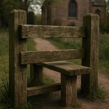 Overstapje bij houten hek aan kerkepad