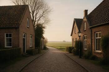 Dorpsstraat die openloopt naar weiland