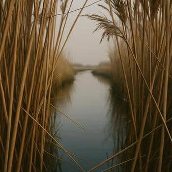 Venster in riet met zicht op vaart