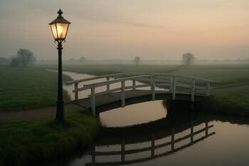 Lantaarn bij lage brug met reflectie