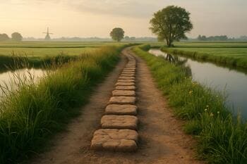 Voetstap op kleipad met waterglans