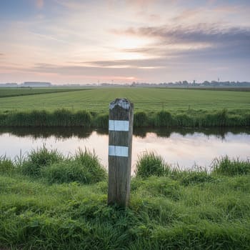 Dijkpaaltje met markering langs de lijn