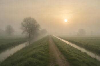 Dijk in ochtendmist met bleke zon