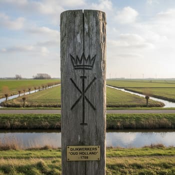 Merkteken van dijkwerkers op paal