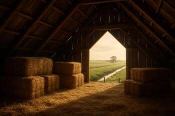 Zolder met hooibalen en lichtspleten