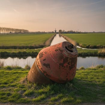 Oude boei met roestplek aan de oever