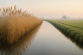 Rietrand die een sloot afsluit met stilte