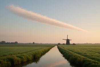 Smalle wolkenstrook als lint boven polder