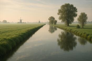 Dunne waterlijn tegen oever, spiegelend