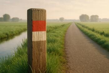 Wegmarkering op houten paal langs polderpad