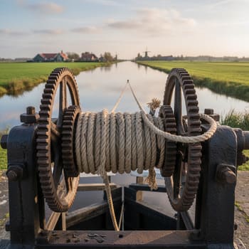 Detail van lier bij sluis, staal en touw