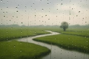 Regendruppels op ruit met polder op de achtergrond